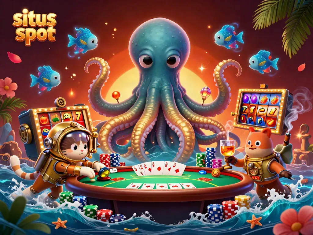 Ilustrasi situs slot yang menampilkan kraken raksasa dan kucing selam dikelilingi simbol permainan kasino.