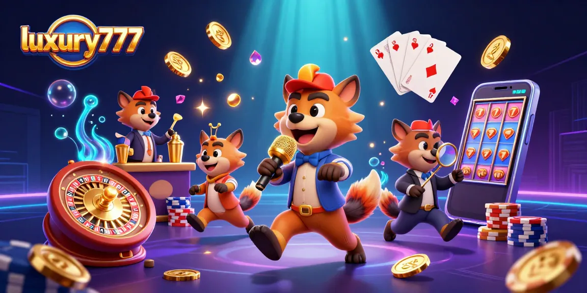 Experience excitement at luxury777 with a colorful hyena casino scene featuring laughter and games.