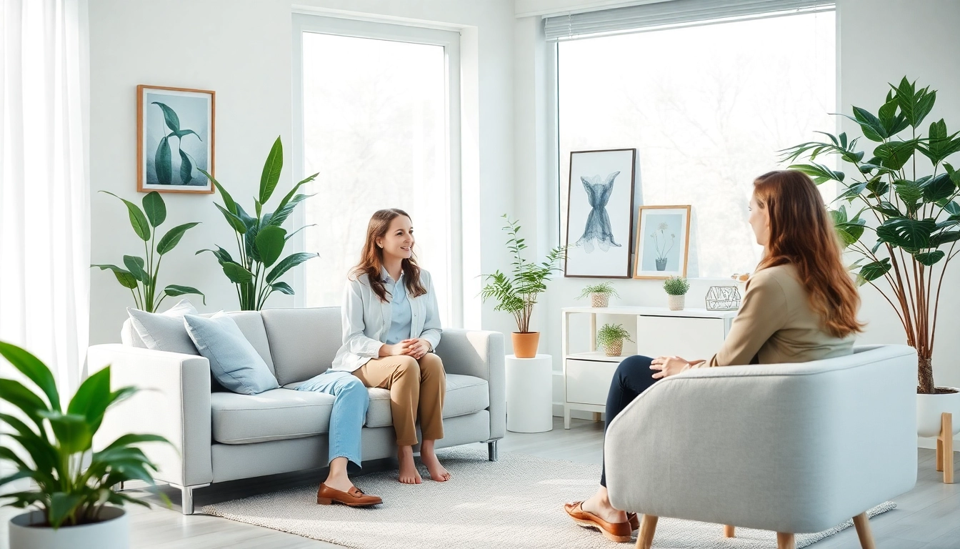A therapist providing mental health care support in a calming therapy room setting.