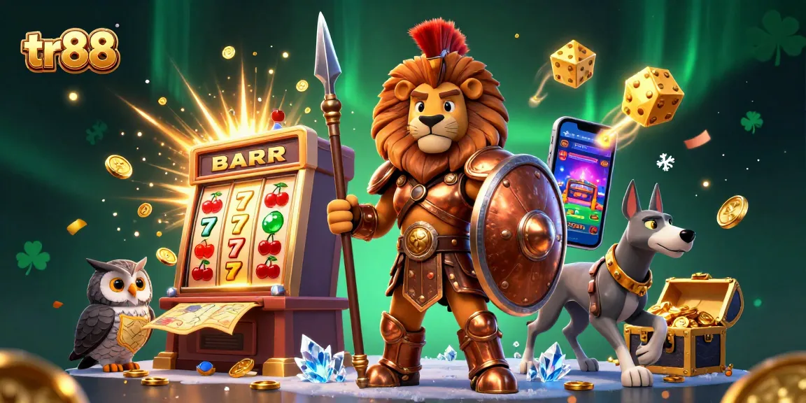 Experience tr88's vibrant casino adventure with a captivating 3D illustration of a Spartan lion, an owl strategist, and a greyhound messenger.