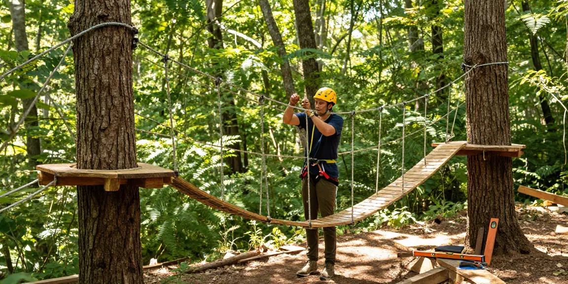 Rope Bridge design in a forest scene, enthusiast building a DIY bridge with tools and materials.
