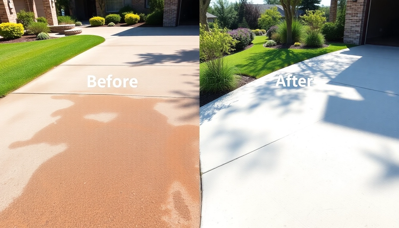 Driveway cleaning service transforming a stained concrete surface to pristine condition.