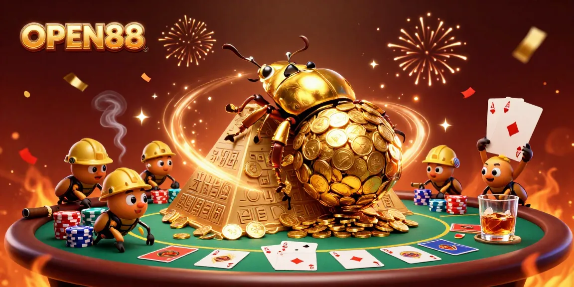 Experience the thrill of OPEN88 with golden beetles bringing luck and riches in a vibrant casino scene.