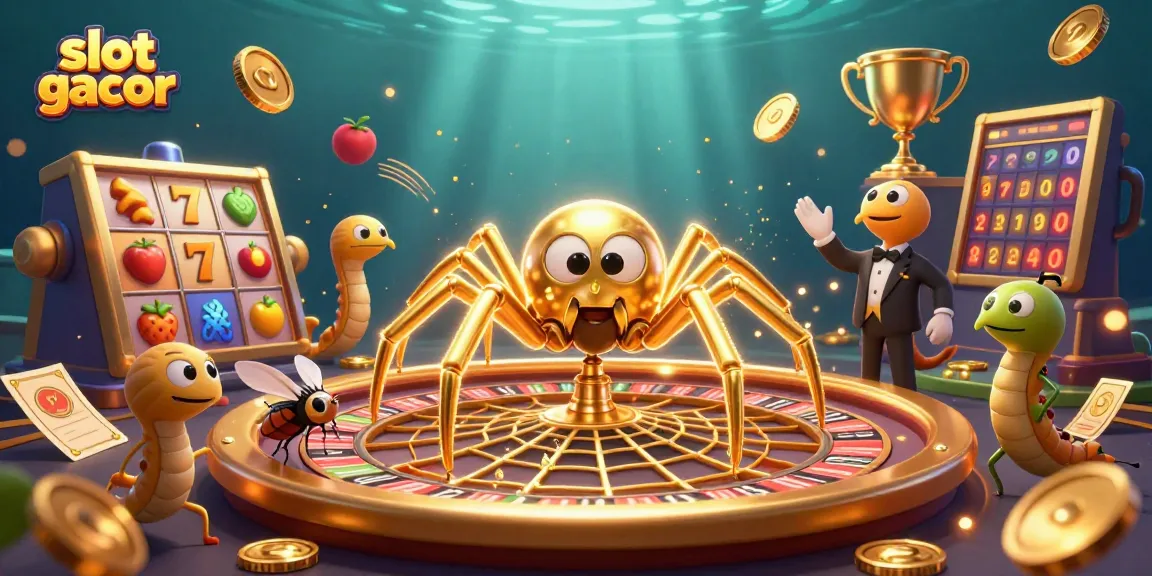 Engaging slot gacor scene with dynamic elements like spinning reels and golden web.