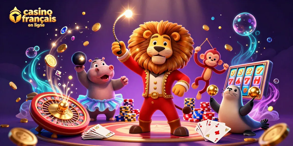 Illustration animée représentant le casino francais en ligne avec un lion maître de cérémonie et des jeux d'argent dynamiques.