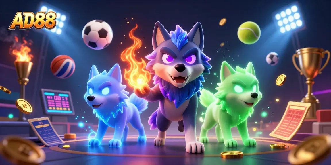 Experience the excitement of AD88's thrilling sports betting with dynamic characters and elements.