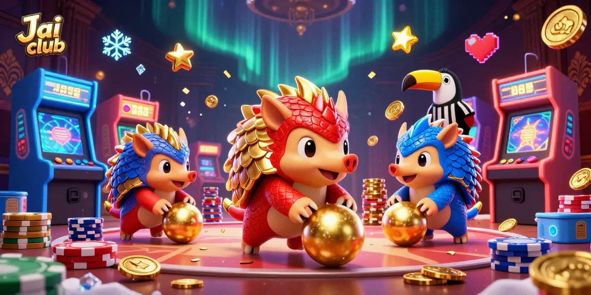 Jai club gaming scene with pangolins bowling through poker chips and vibrant game elements