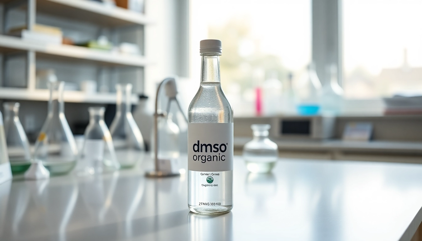 Showcases a clean and professional dmso organic bottle in a bright laboratory setting.