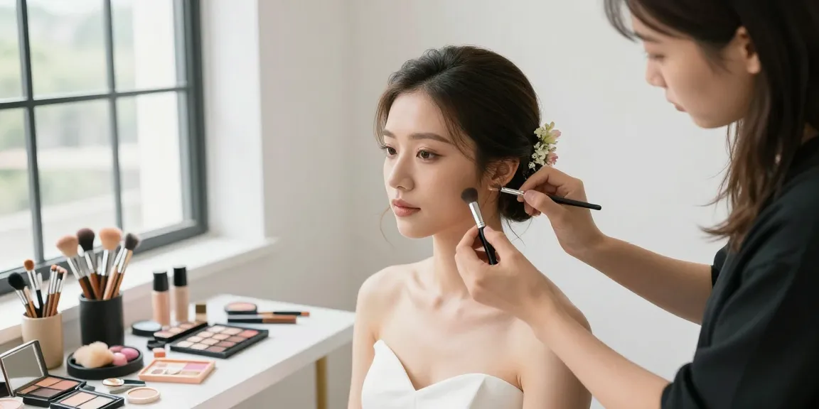 Trucco sposa in un elegante studio con un'artista che prepara una sposa radiosa.