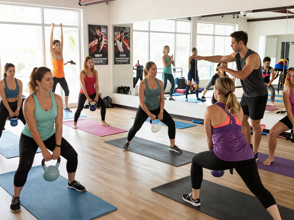 Group of fitness enthusiasts learning bolakami techniques from a trainer in a vibrant gym