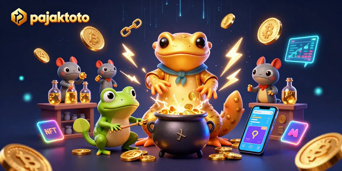 Menang jackpot di pajaktoto dengan ilustrasi alkemis menarik koin emas dan keajaiban digital.