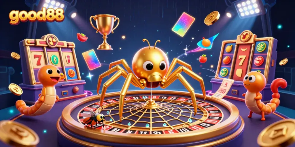 Place bets at good88 with excitement, featuring a dramatic illustration of a roulette wheel.