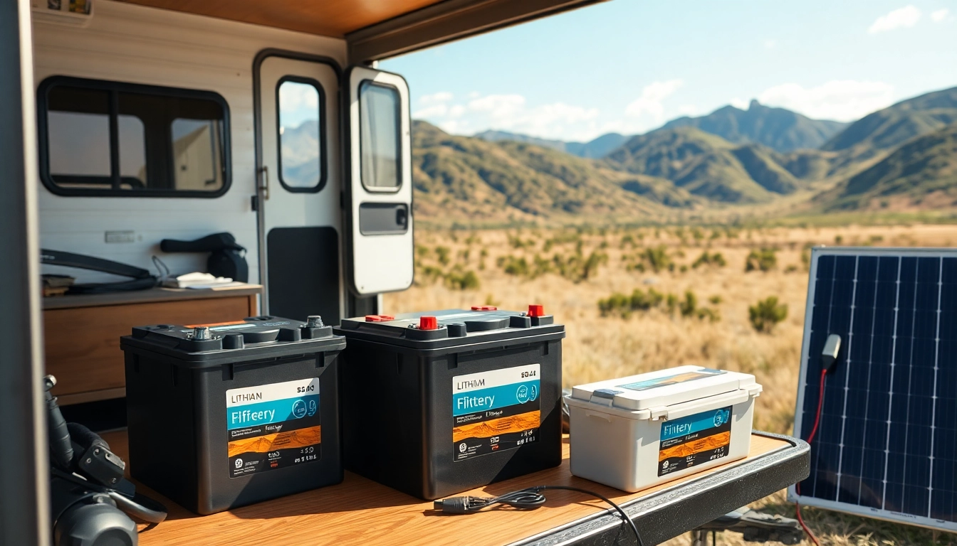 Showcase of lithium RV batteries powering a modern camper in an outdoor setting.