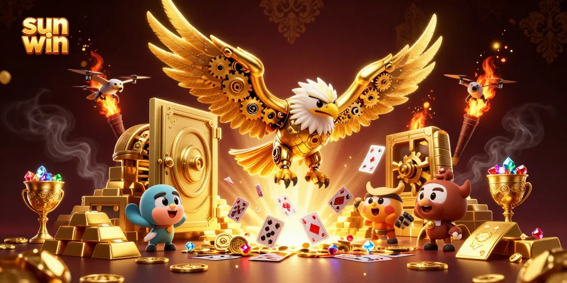 Join the thrill of sun win as the golden eagle dives through playing cards in a vibrant casino scene.