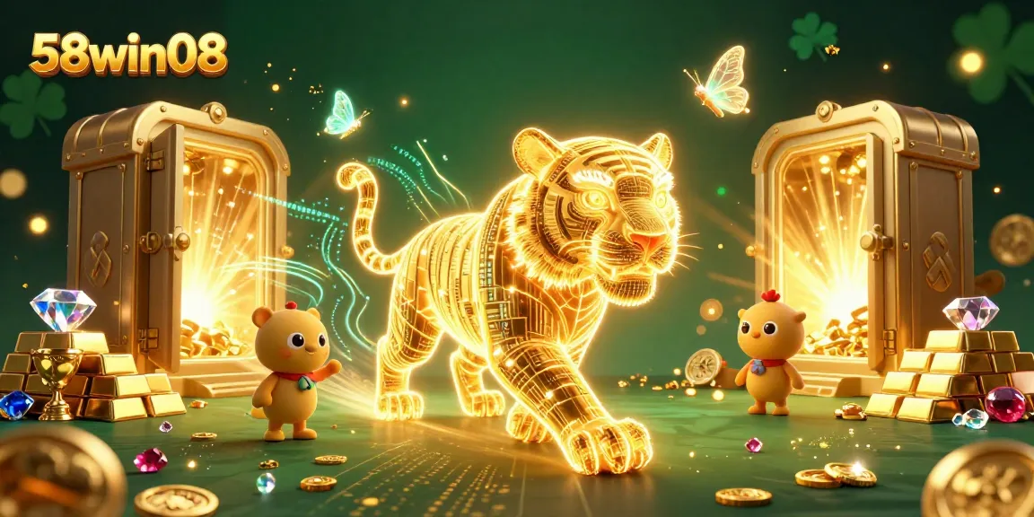 Engage with 58win08, the vibrant online casino scene featuring a golden tiger and dazzling treasures!