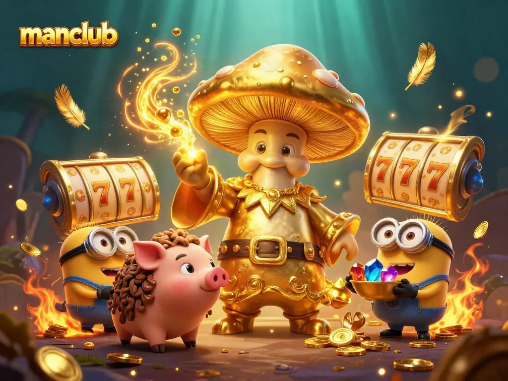 Experience thrilling games at manclub, with magical illustrations of wizards and treasure amidst slot reels.
