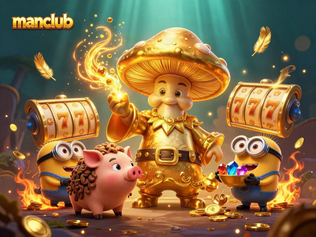Experience thrilling games at manclub, with magical illustrations of wizards and treasure amidst slot reels.