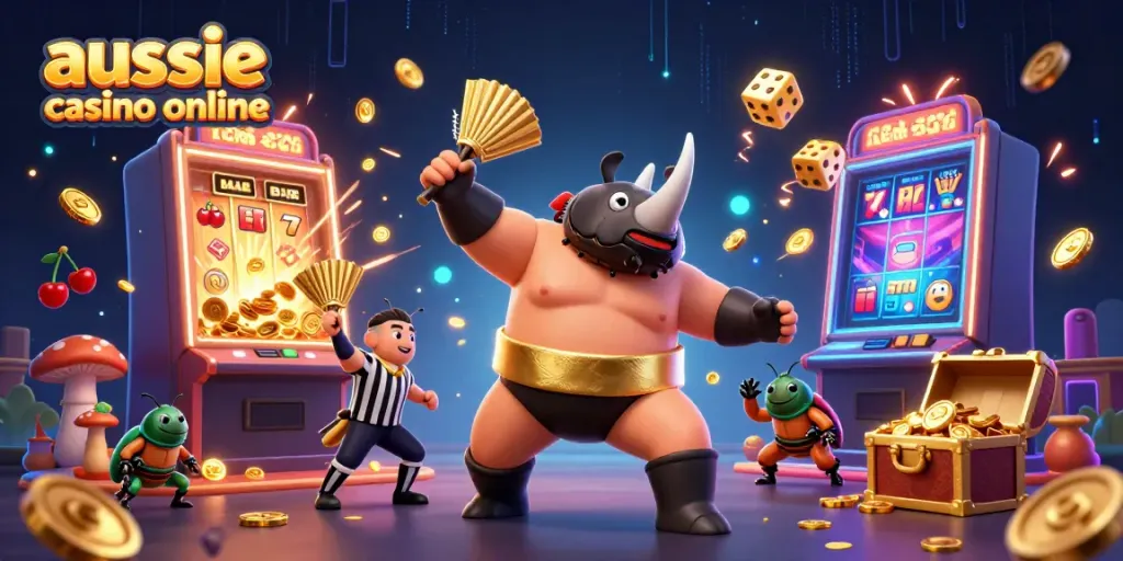 Experience the excitement of aussie casino online with a dazzling 3D illustration of a beetle sumo champion.