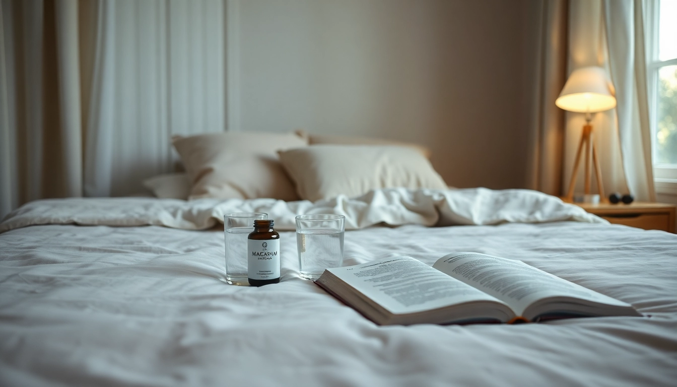 Illustration showing how does magnesium help you sleep with a tranquil bedroom setting.