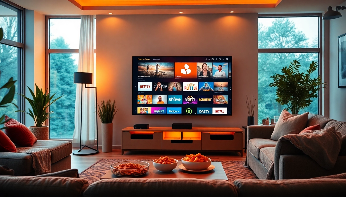 Enjoy dynamic content with a free trial iptv in a stylish home setting, featuring a sleek TV and cozy decor.
