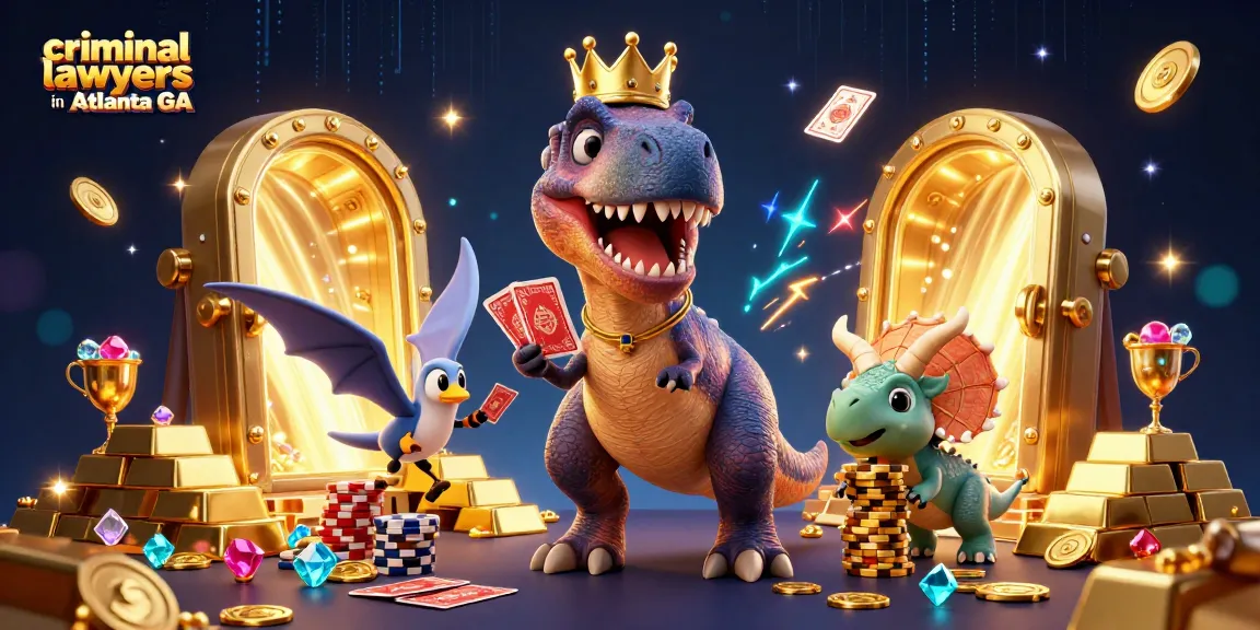 Engaging casino-themed scene with criminal lawyers in Atlanta GA elements, featuring a friendly T-Rex and casino chips.