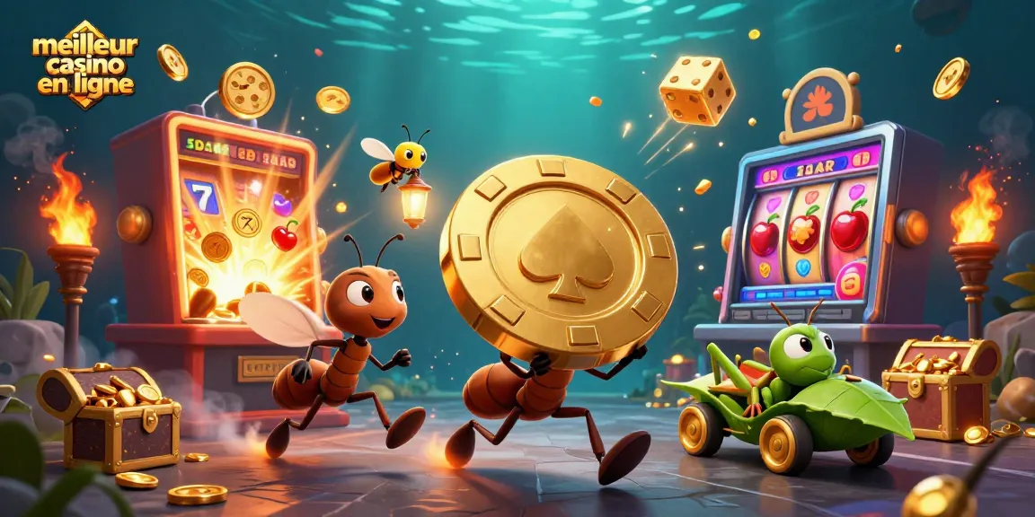 Gagnez avec "meilleur casino en ligne" en voyant des fourmis transportant un jeton de poker d'or.