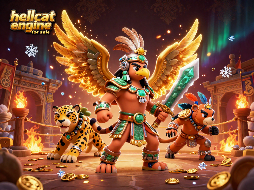 Engage with the thrilling hellcat engine for sale scene, featuring an Aztec warrior and gold elements.