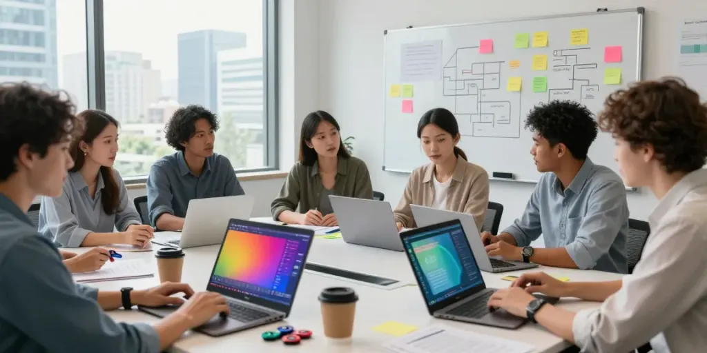Diverse team brainstorming in a modern office setting, click for more info on innovative collaboration.