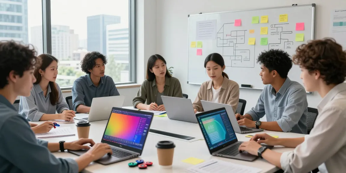 Diverse team brainstorming in a modern office setting, click for more info on innovative collaboration.