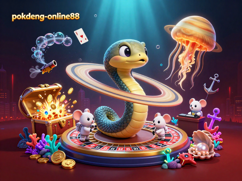 Engage in thrilling gameplay at pokdeng-online88 with astronaut mice betting around a cosmic roulette wheel.