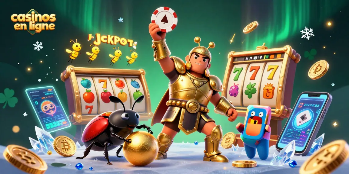 Jouez aux casinos en ligne avec cette illustration 3D de personnages d'insectes portant des armures et célébrant un JACKPOT.