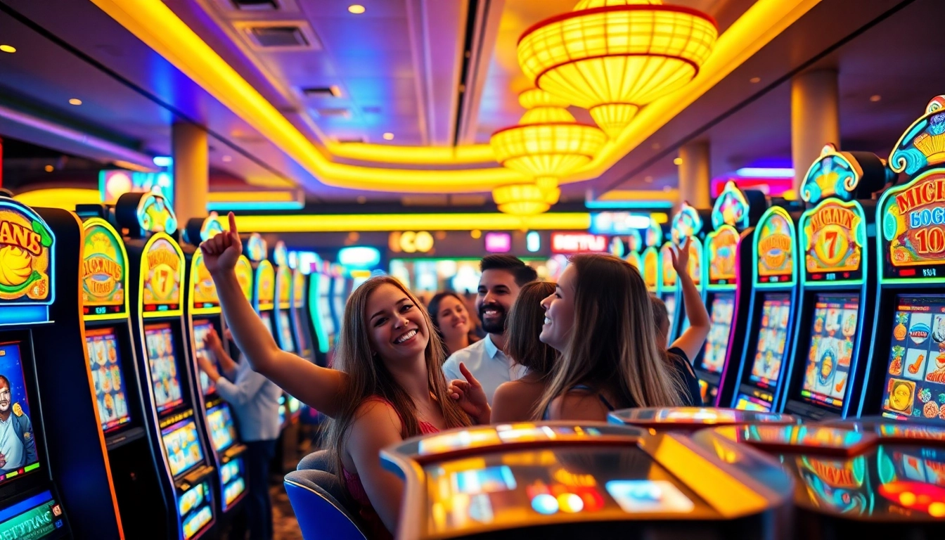 Engaged players celebrating a jackpot in slot gambling at a vibrant casino.