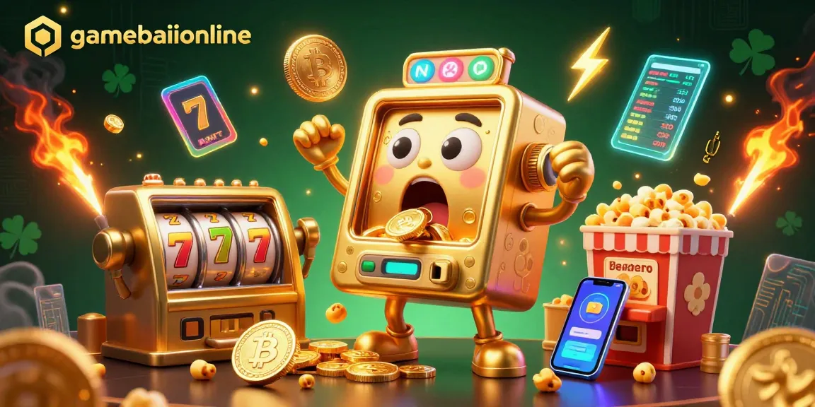Spin to win with gamebaiionline's engaging slot machine jackpot scene filled with vibrant coins and crypto elements.