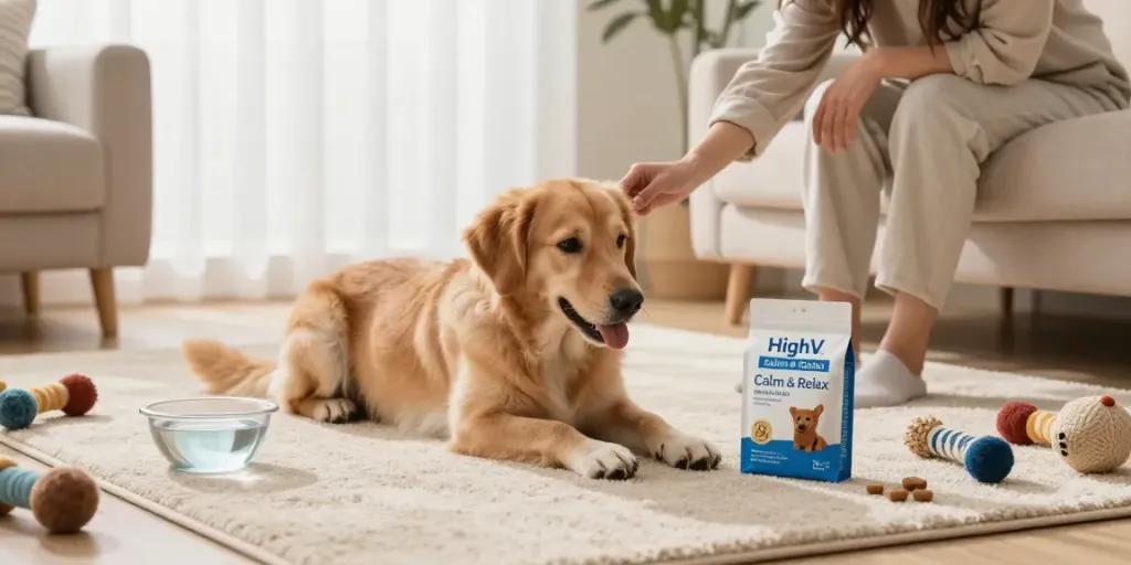 Calming Dog Treats helping a relaxed dog in a cozy home setting.
