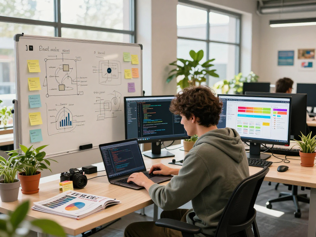 Engaged developer coding in a vibrant tech workspace featuring net88 integration elements.