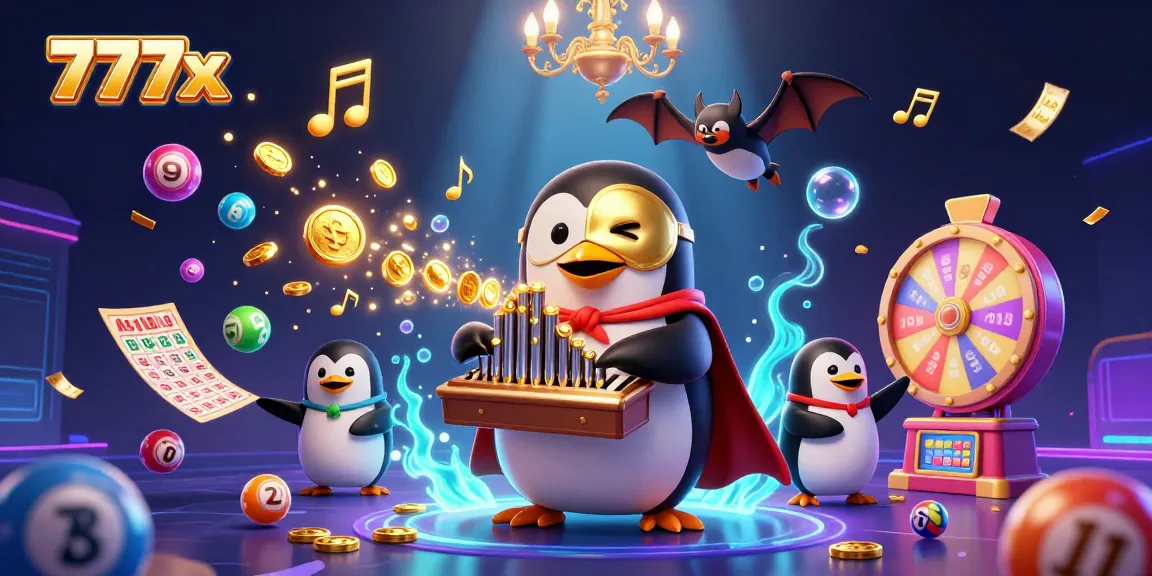 Experience the thrill of winning with 777x as a phantom penguin plays music, scattering coins and colorful lottery balls.