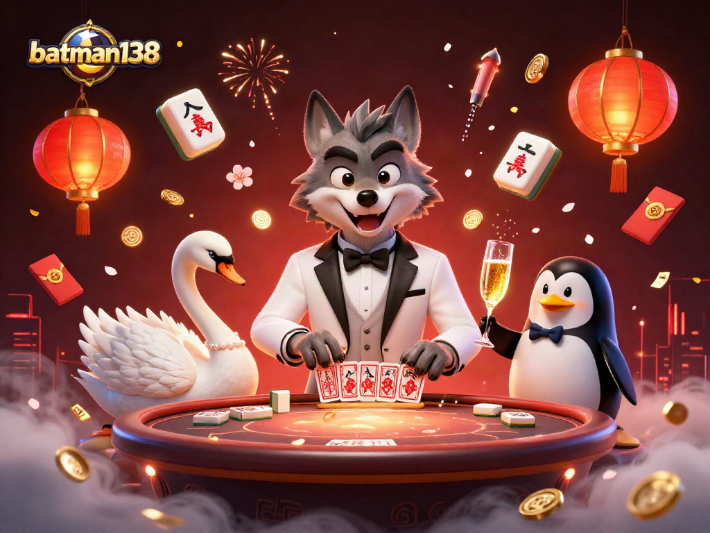 Experience batman138 casino excitement with a 3D cartoon wolf, elegant swan, and penguin presenting cards and champagne.