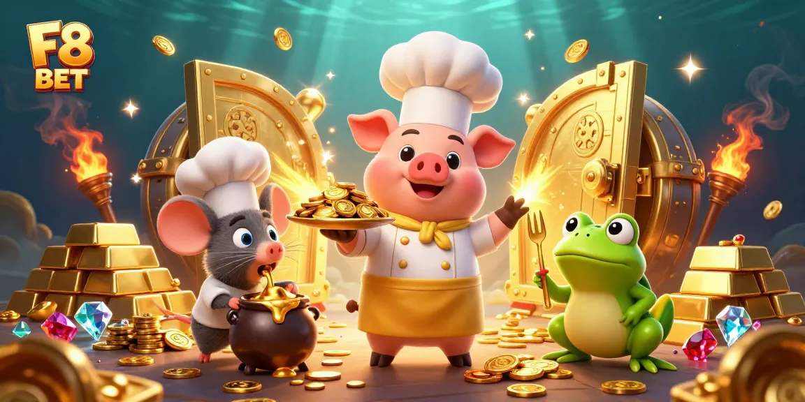 Try your luck with F8 BET as a chef pig serves golden coins in this vibrant casino scene.