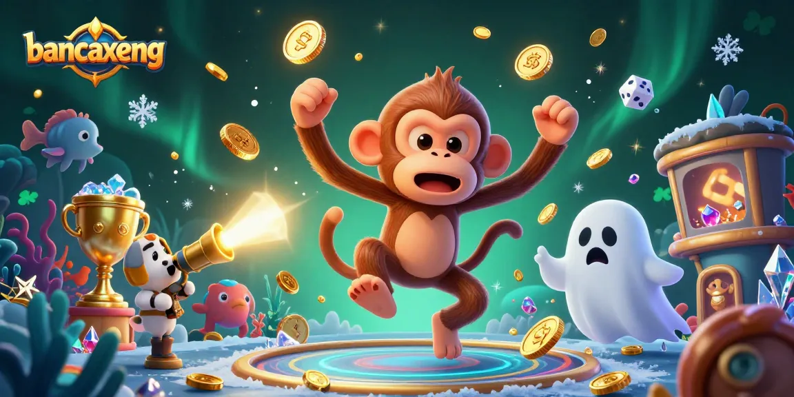 Bancaxeng fish shooting game, a mischievous monkey juggles gold coins, with a curious puppy in a casino.