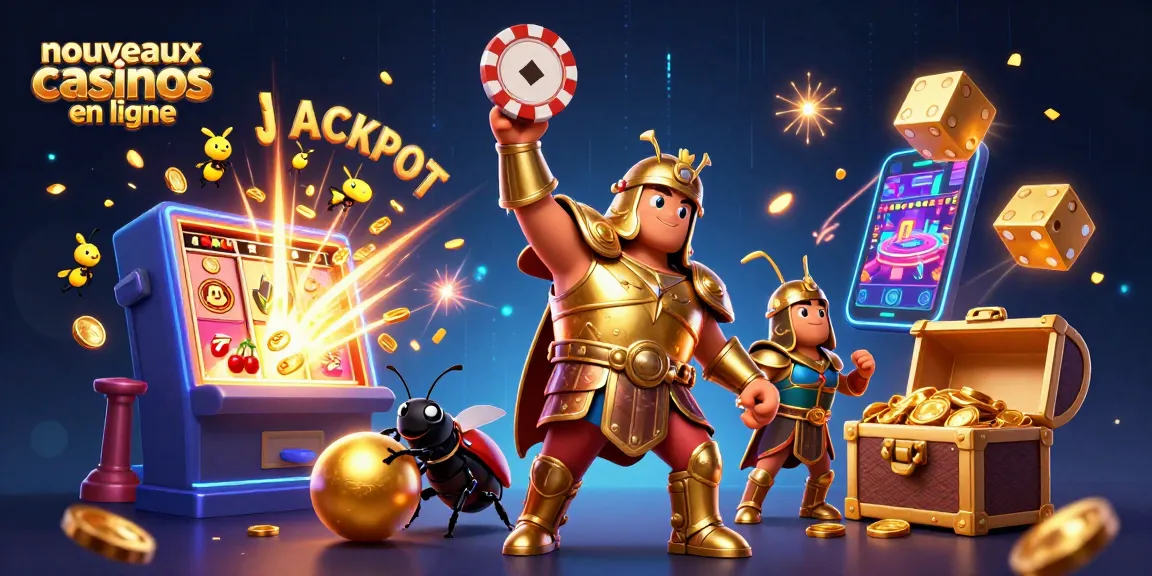 Jouez aux nouveaux casinos en ligne avec une illustration captivante de jackpots et effets éclatants.