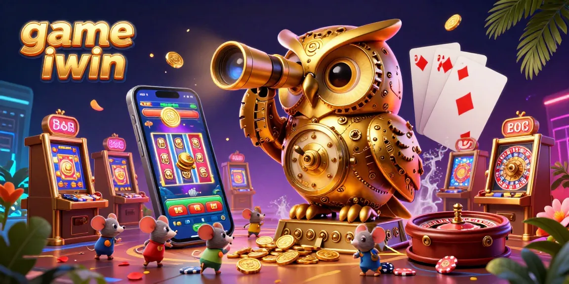 Experience the magical game iwin with a vibrant illustration of a casino scene featuring an owl, mice patrons, and dynamic slot elements.