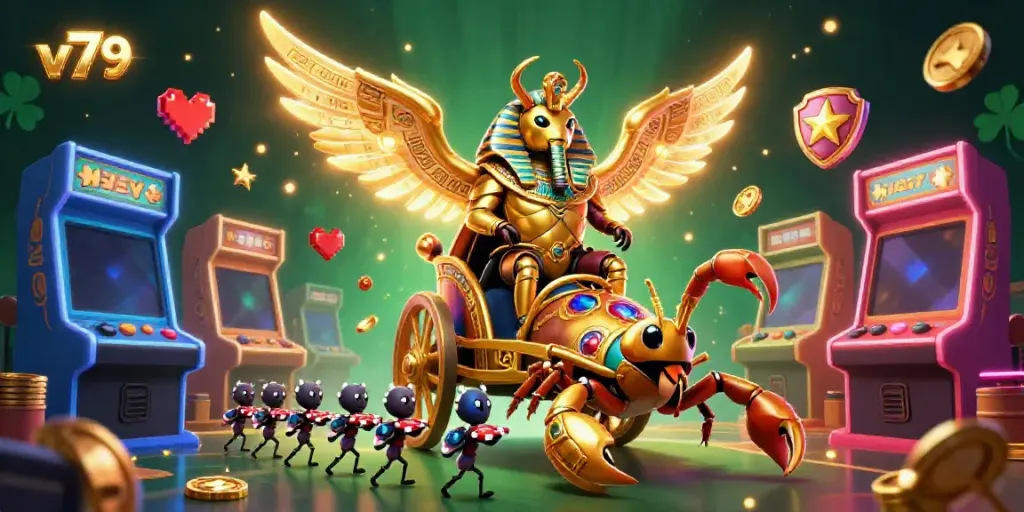 Experience thrilling gameplay at v79 with vibrant casino elements and 3D characters in a dynamic scene.