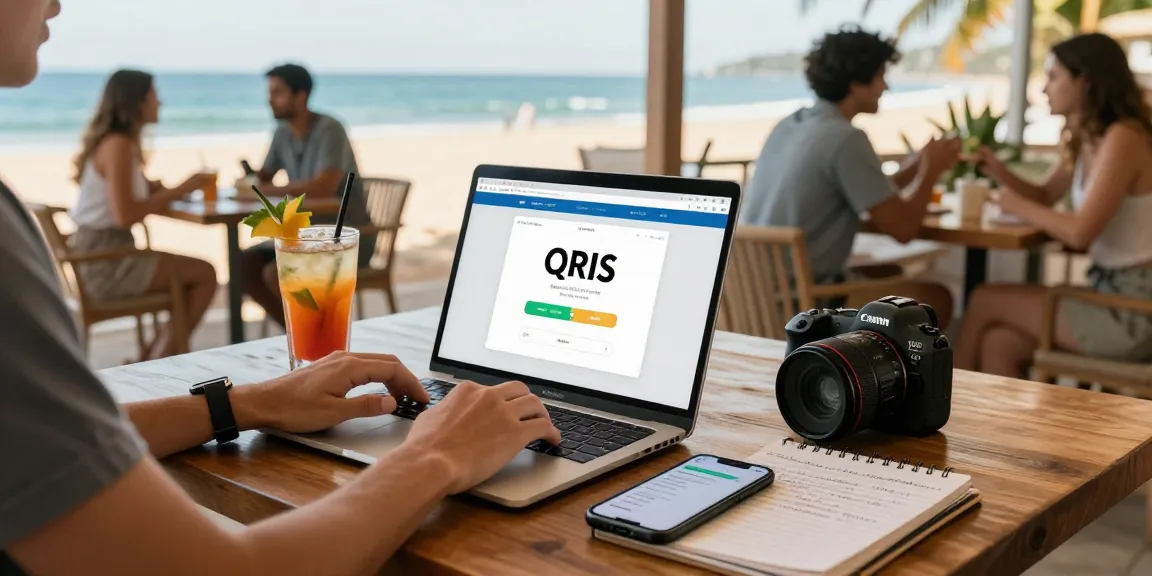 Remote worker managing a qris slot platform in a vibrant beachfront cafe with tropical drink.