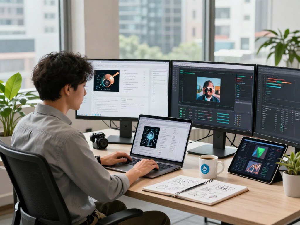 Tech professional using AI Image Detector software in a bright modern office