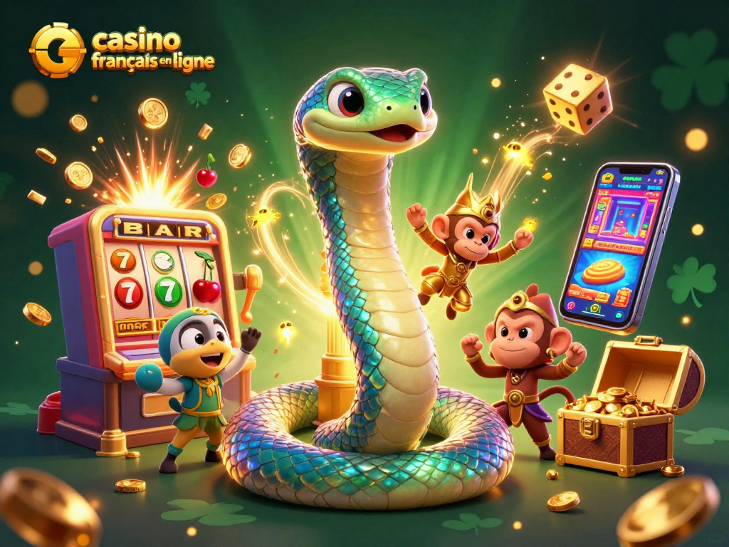 Vivez l'excitation du casino français en ligne avec des symboles de jackpot et une serpente colorée.