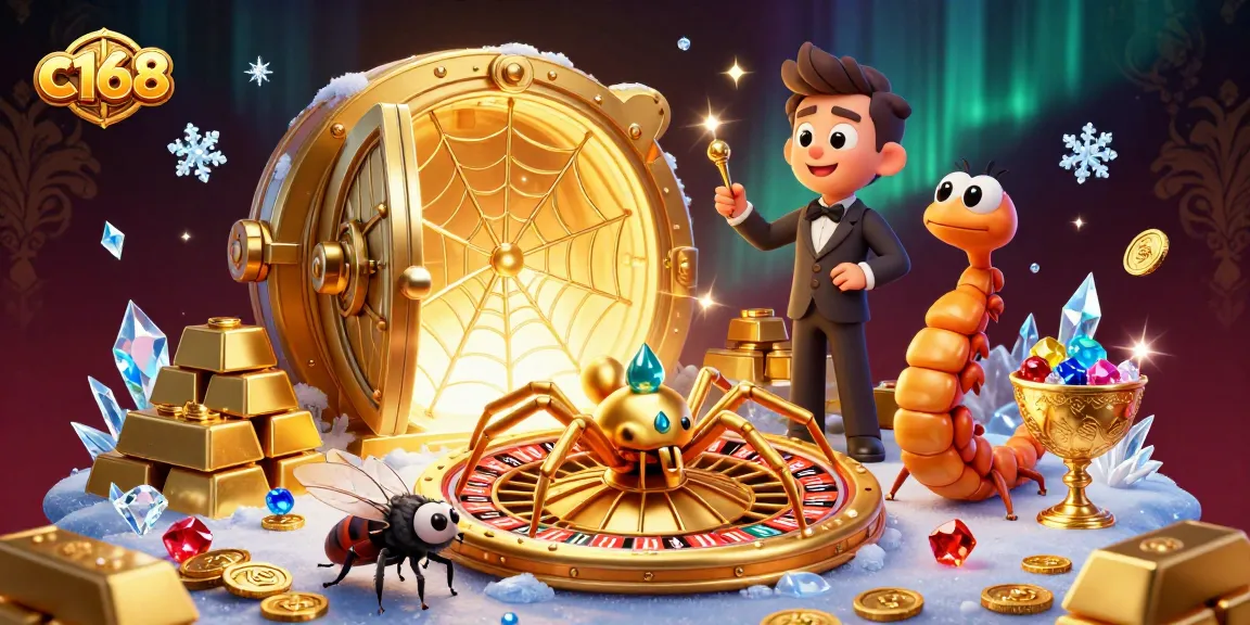 Experience the thrill of c168 with a golden roulette-themed web and lively casino characters.