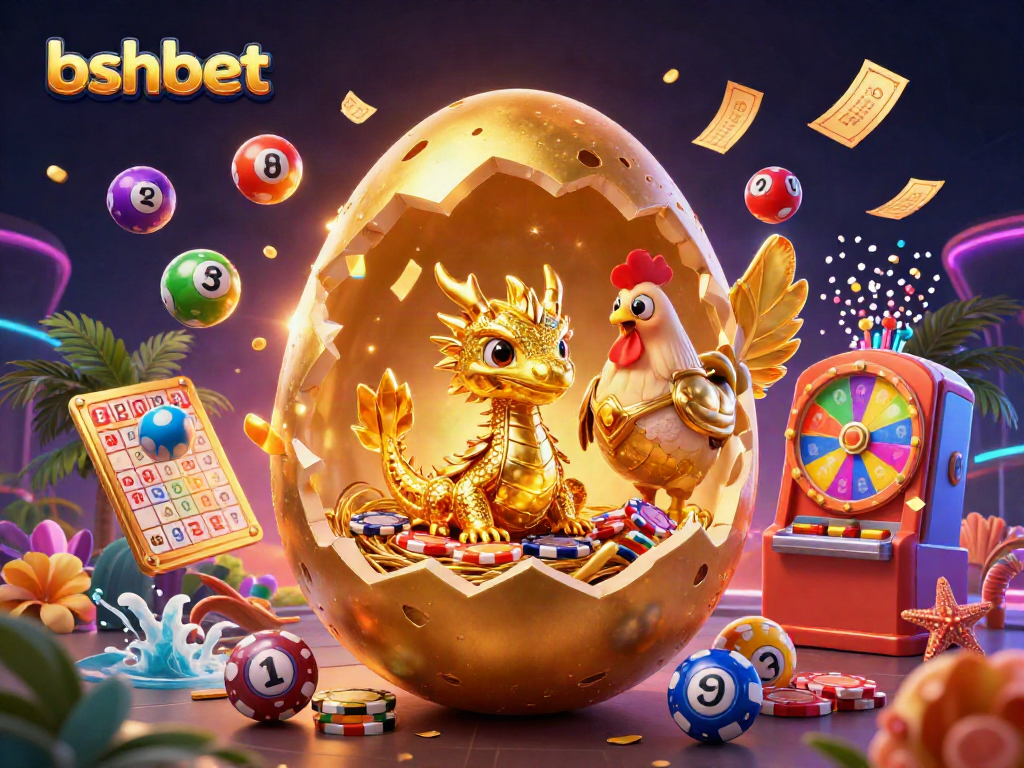 bshbet illustrates casino excitement with 3D cartoon dragon, golden egg, and gambling elements surrounding.