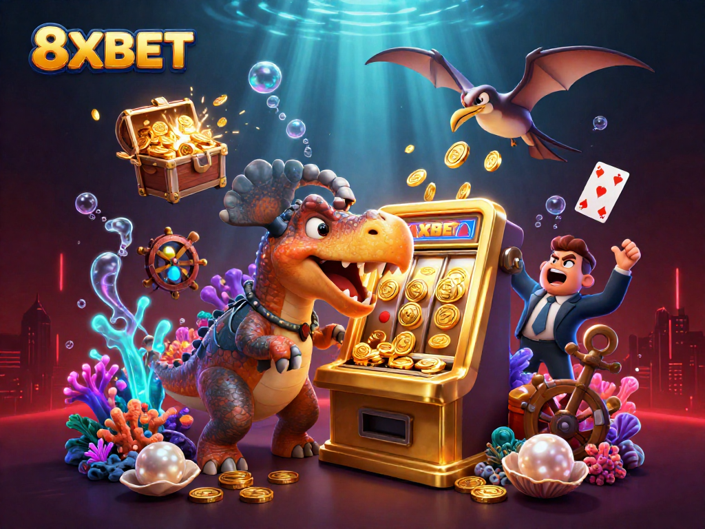 Experience the excitement at 8XBET with a thrilling jackpot scene featuring animated characters in a vibrant casino setting.