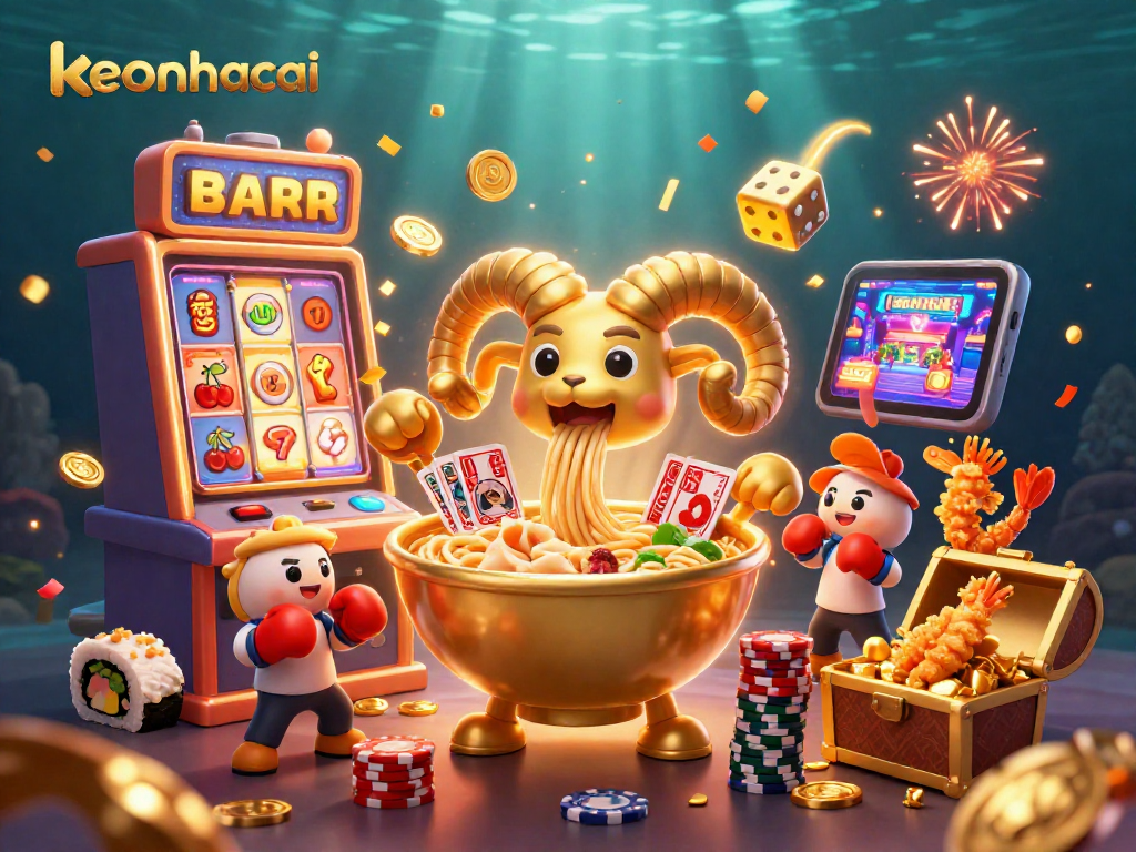 Engage with keonhacai in this vibrant 3D illustration of a casino scene with playful characters.