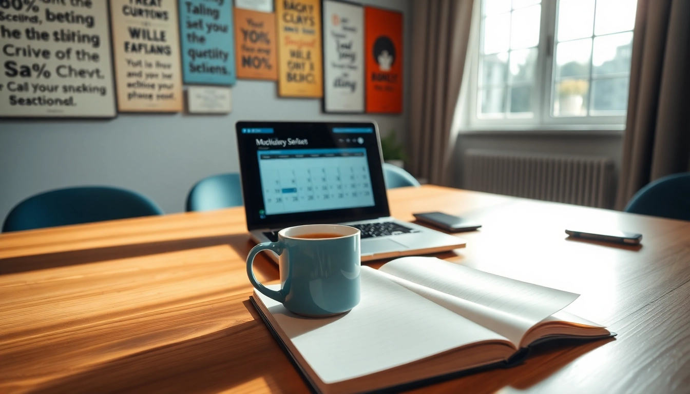 Achieve Peak Productivity in a bright workspace with a laptop and motivational quotes.